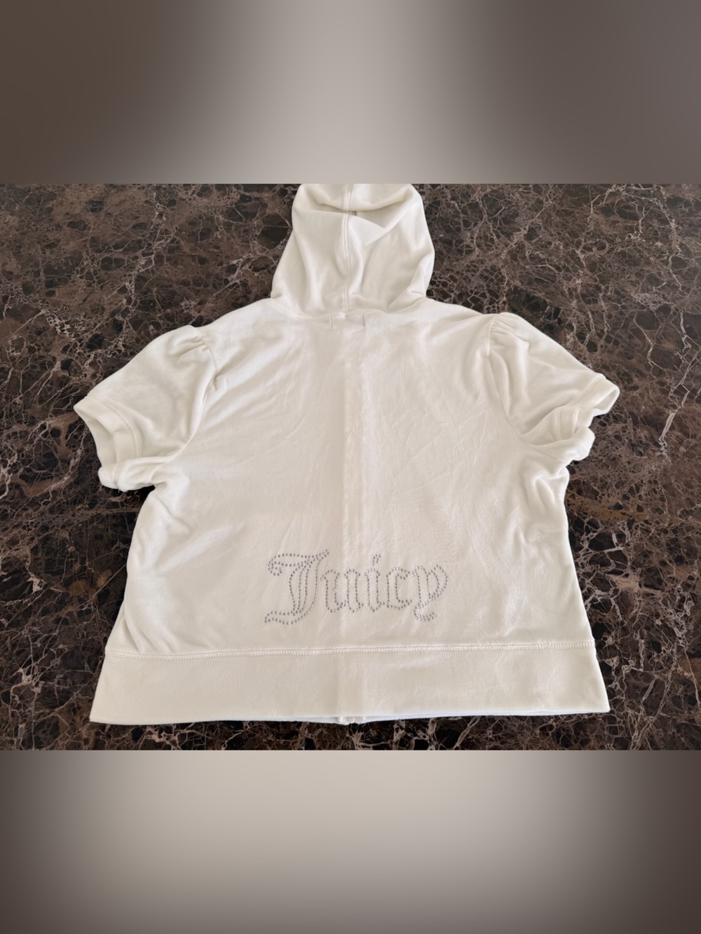 Juicy Couture White Womens Short-Sleeve Hoodie with Rhinestone Logo